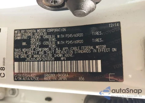 2015 Toyota 4Runner Limited z USA, uszkodzony, nr VIN JTEZU5JR5F5093028